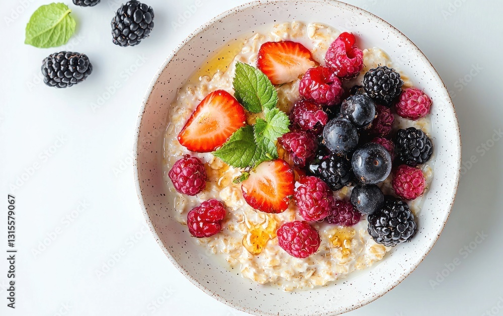 A healthy and delicious breakfast bowl of oatmeal topped with fresh strawberries, raspberries, blackberries, and blueberries, garnished with mint leaves and a drizzle of honey. The bowl is on a white A healthy and delicious breakfast bowl of oatmeal topped with fresh strawberries, raspberries, blackberries, and blueberries, garnished with mint leaves and a drizzle of honey. The bowl is on a white