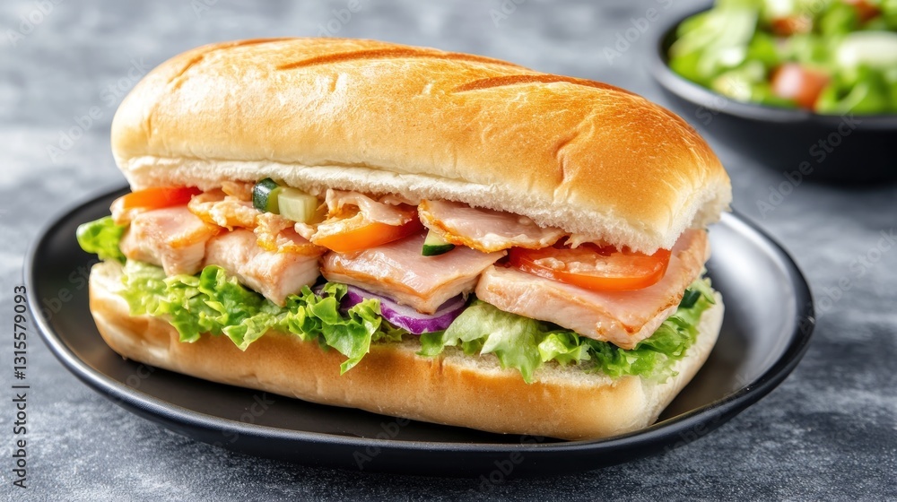 Chicken sandwich with veggies on plate, served with salad, food concept, yummy lunch Chicken sandwich with veggies on plate, served with salad, food concept, yummy lunch