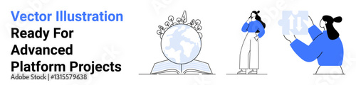 Globe on open book surrounded by foliage, person contemplating ideas, person analyzing objects. Ideal for education, research, sustainability, teamwork, creativity, innovation flat landing page