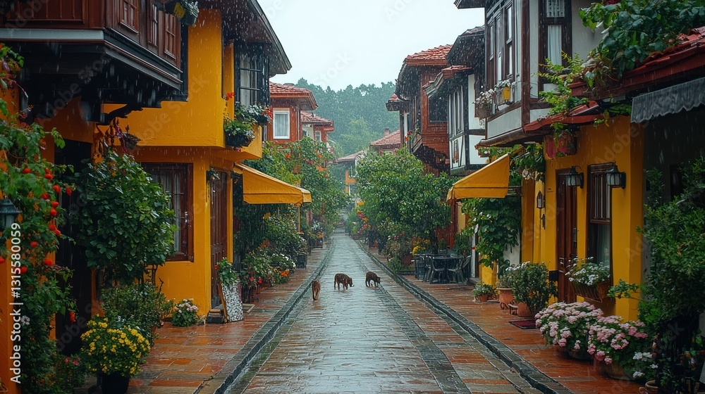 Fototapeta premium Rainy alleyway, colorful historic houses