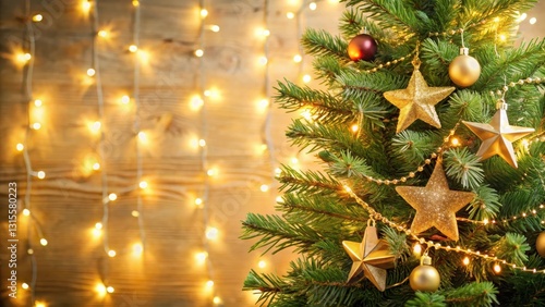 A festive Christmas tree with a golden star-shaped garland wrapped around its branches, Twinkling Lights, Christmas decorations