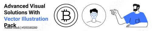 Bitcoin logo, facial recognition wireframe on human face, and pointing man in blue for tech and communication. Ideal for cryptocurrency, security, AI, networking, innovation, fintech flat landing