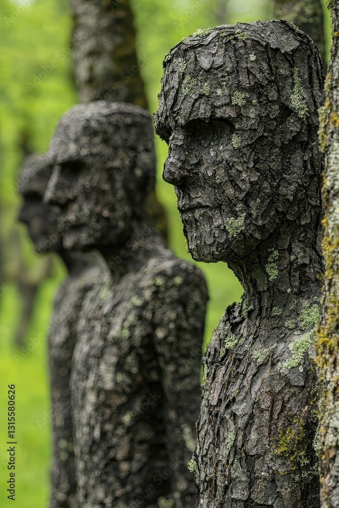 Unique sculptures resembling human figures, crafted from tree bark, stand amongst green foliage, blending art with nature in a serene environment.