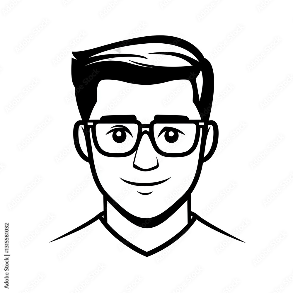 Illustration of Man Wearing Glasses Smiling Black and White Portrait Illustration of Man Wearing Glasses Smiling Black and White Portrait