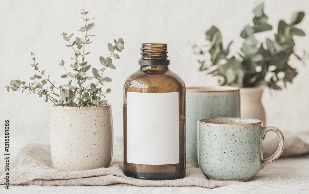 Amber bottle with blank label, surrounded by speckled ceramic mugs and eucalyptus sprigs in small pots, resting on a beige linen cloth. Soft, natural light enhances the calming scene Amber bottle with blank label, surrounded by speckled ceramic mugs and eucalyptus sprigs in small pots, resting on a beige linen cloth. Soft, natural light enhances the calming scene