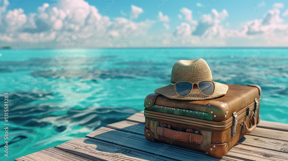 Obraz premium suitcase with straw hat and sunglasses on a wooden dock