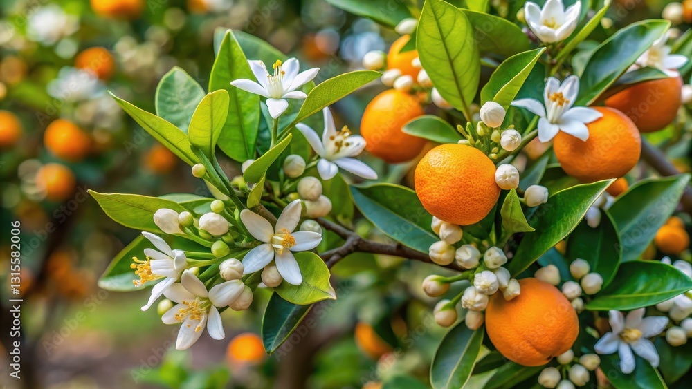 Bitter orange tree branches with small white flowers in full bloom in a South African garden landscape Bitter orange tree branches with small white flowers in full bloom in a South African garden landscape