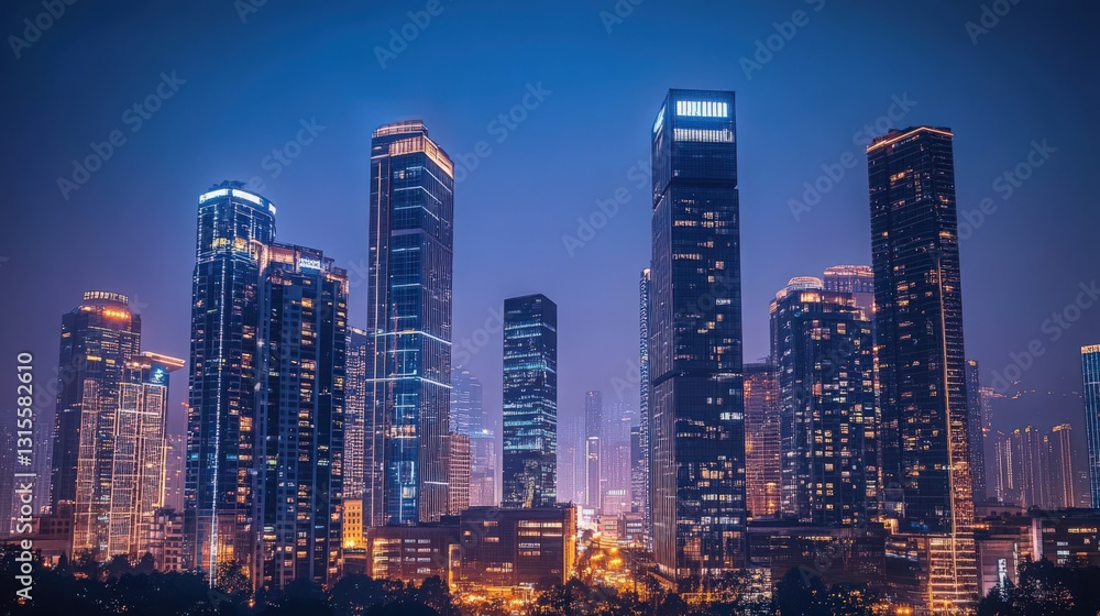 Fototapeta Enchanting Nightscape: Skyscrapers Illuminated Against Twilight Blue Backdrop