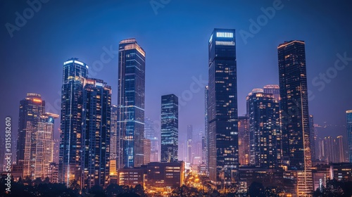 Wallpaper Mural Enchanting Nightscape: Skyscrapers Illuminated Against Twilight Blue Backdrop Torontodigital.ca