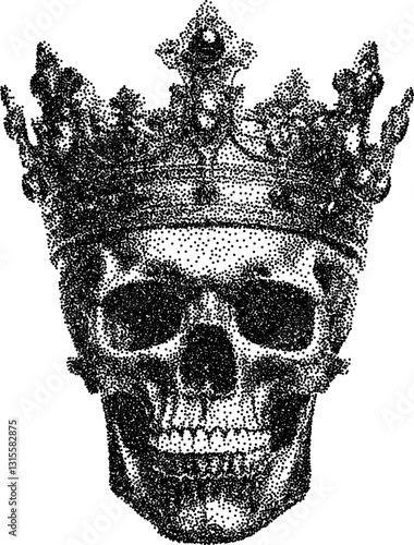 Skull vintage y2k stipple art, king halftone stipple brutalist retro vector png with transparent background, crown 2000s aesthetic photocopy effect tattoo