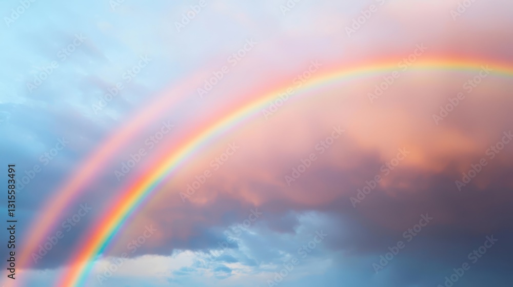 A vibrant rainbow arches across a sky filled with soft clouds, illuminated by warm hues, creating a serene and enchanting atmosphere. A vibrant rainbow arches across a sky filled with soft clouds, illuminated by warm hues, creating a serene and enchanting atmosphere.