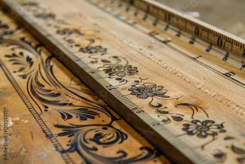 A close-up image of a wooden ruler with built-in stencils, featuring intricate floral designs, A ruler with built-in stencils photo