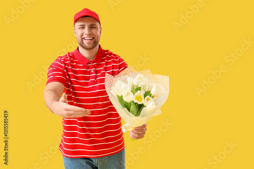 Delivery man with flowers o...