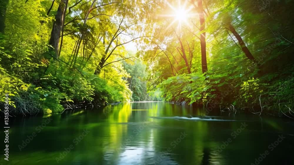 Serene river flows through lush green forest, with sunlight filtering through trees, creating peaceful and tranquil atmosphere. Vibrant foliage reflects calm water, enhancing natural beauty of scene. Serene river flows through lush green forest, with sunlight filtering through trees, creating peaceful and tranquil atmosphere. Vibrant foliage reflects calm water, enhancing natural beauty of scene.