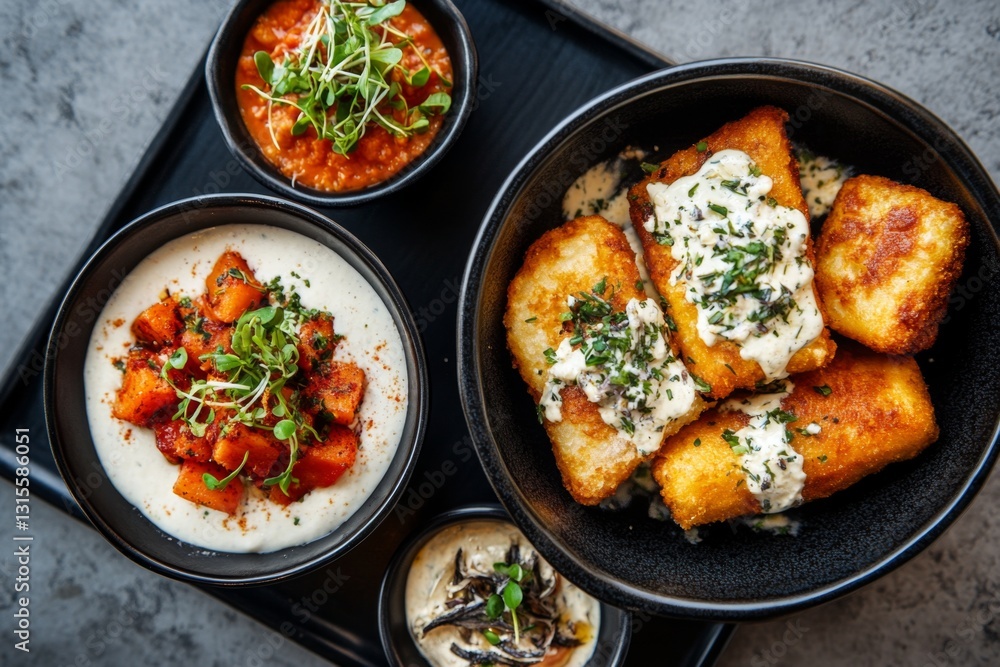 A top-down view of a selection of Spanish tapas, including patatas bravas, croquettes, and marinated anchovies A top-down view of a selection of Spanish tapas, including patatas bravas, croquettes, and marinated anchovies