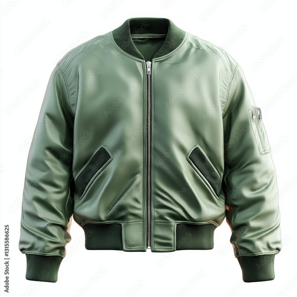 A green pastel jacket, with dark green ribbed trim around the collar and cuffs, features a smooth, a classic bomber jacket A green pastel jacket, with dark green ribbed trim around the collar and cuffs, features a smooth, a classic bomber jacket