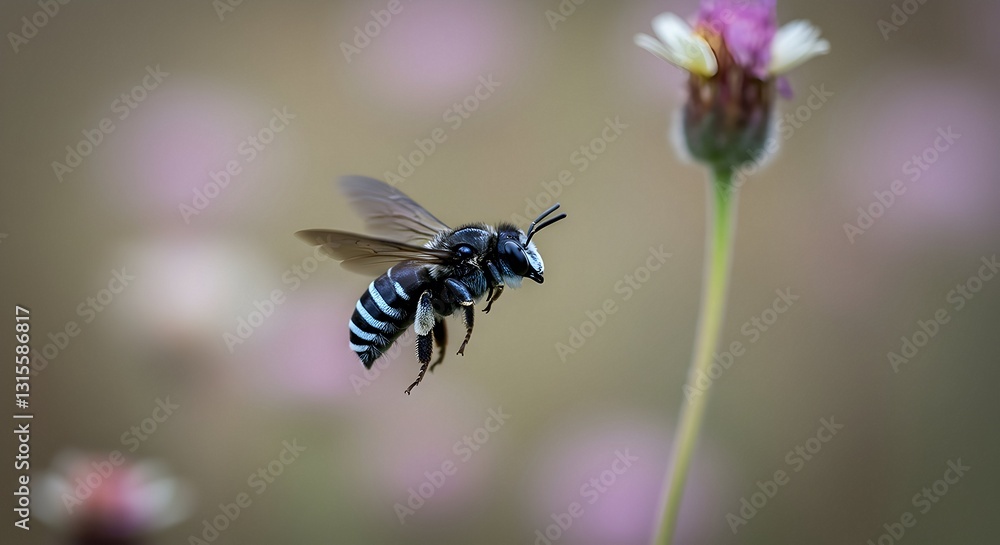 Bee Flying Near Flower in a Natural Garden Setting Macro Bee Flying Near Flower in a Natural Garden Setting Macro