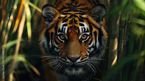 Fierce Tiger Stalking Through Dense Bamboo Forest with Piercing Eyes Focused on Prey