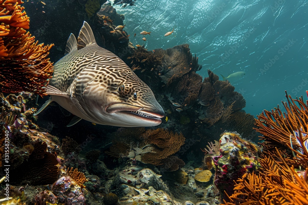 Fototapeta premium A striped grouper, an apex predator, hides amongst coral in a tropical reef, An apex predator of the marine ecosystem