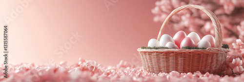 Easter basket filled with colorful eggs and blooming flowers during springtime celebration