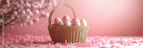 Easter basket filled with colorful eggs and blooming flowers during springtime celebration