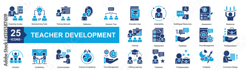 Teacher Development Icon Sheet Coaching Guides, Inclusion, Training, Brainstorming Tools, Training Manuals, Reflection, Decision Tree, Education App, Adaptability,  Multilingual Resources, Assessment