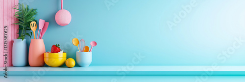 Minimalist Pastel Kitchen Shelf with Utensils and Fruit on a Blue Wall Background