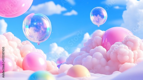 Colorful balloons float above pastel clouds against a bright blue sky. Background is blurry