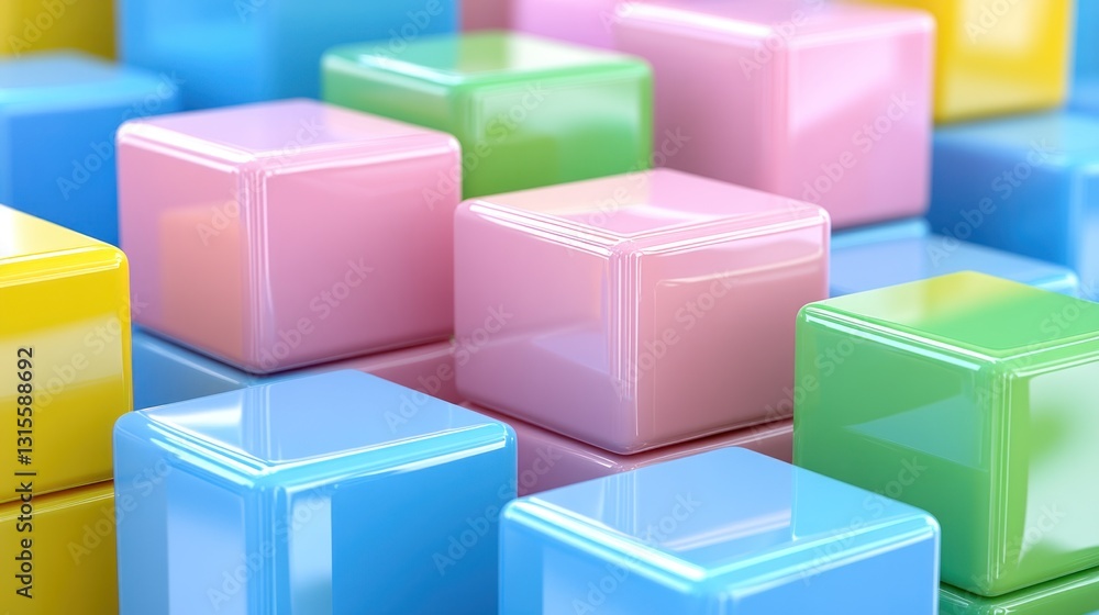 Obraz premium Colorful cubes arranged on a shiny surface for abstract design background, illustration, advertising