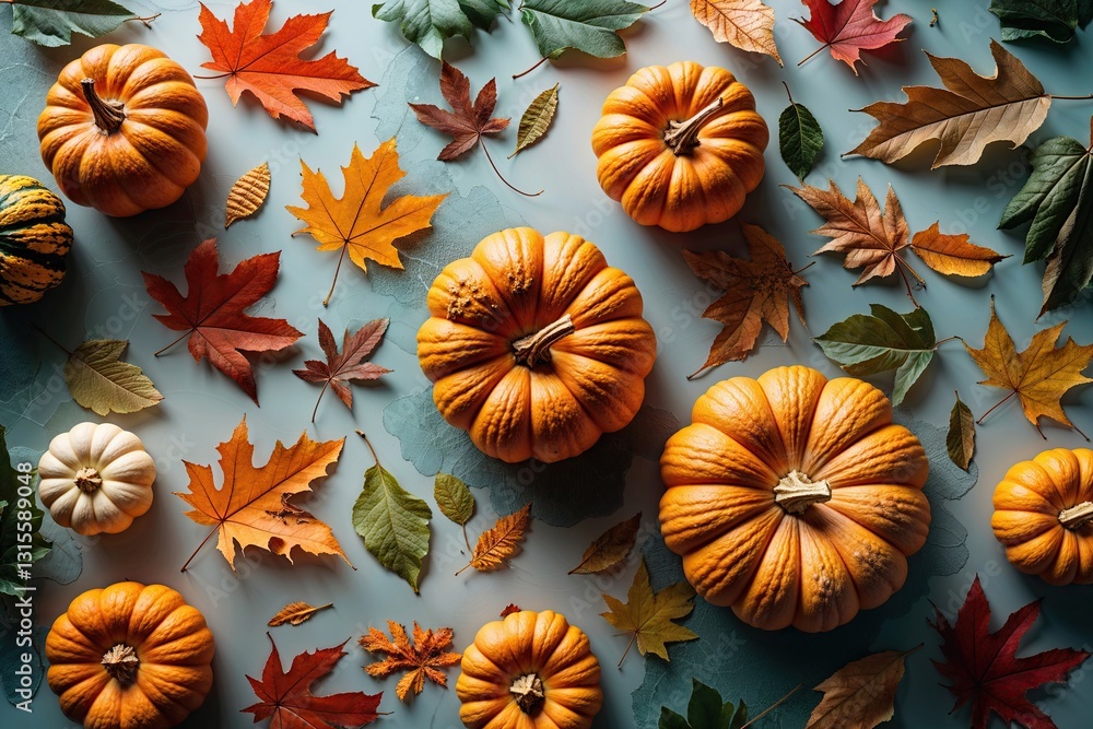 Fototapeta premium Autumn Table Decor with Warm Pumpkins and Colorful Leaves on a Stylish Surface