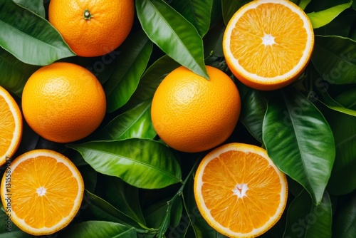 An aerial view of a sprawling orange grove, with symmetrical rows of trees and vibrant patches of orange fruit