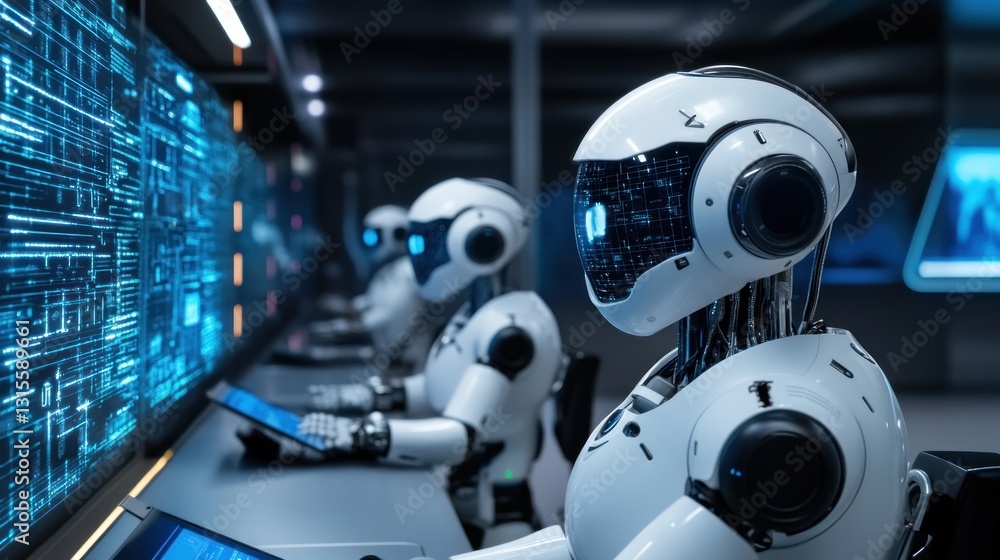 Futuristic AI training laboratory with humanoid robots developing algorithms Futuristic AI training laboratory with humanoid robots developing algorithms