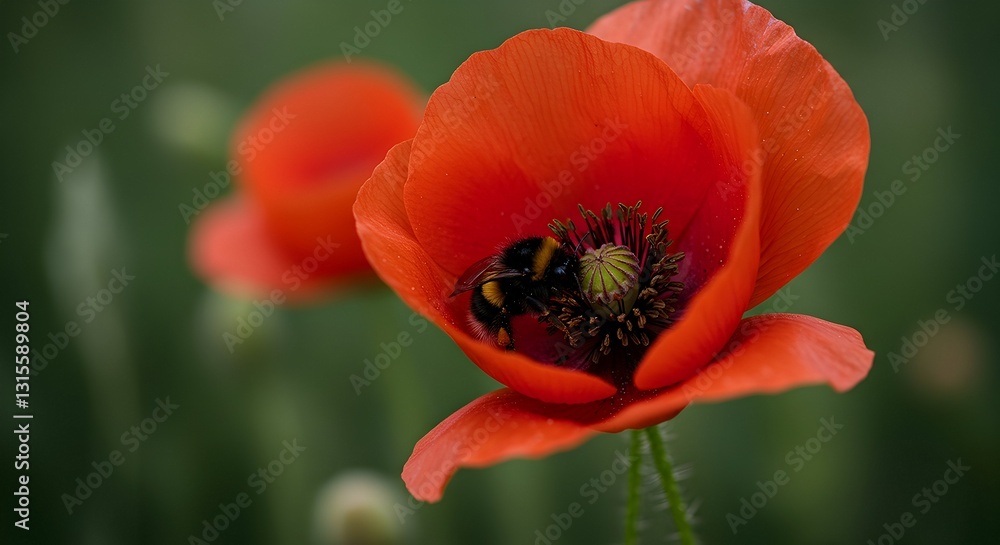 Bumblebee Gathering Pollen Inside a Vibrant Red Poppy Flower Close-up Bumblebee Gathering Pollen Inside a Vibrant Red Poppy Flower Close-up