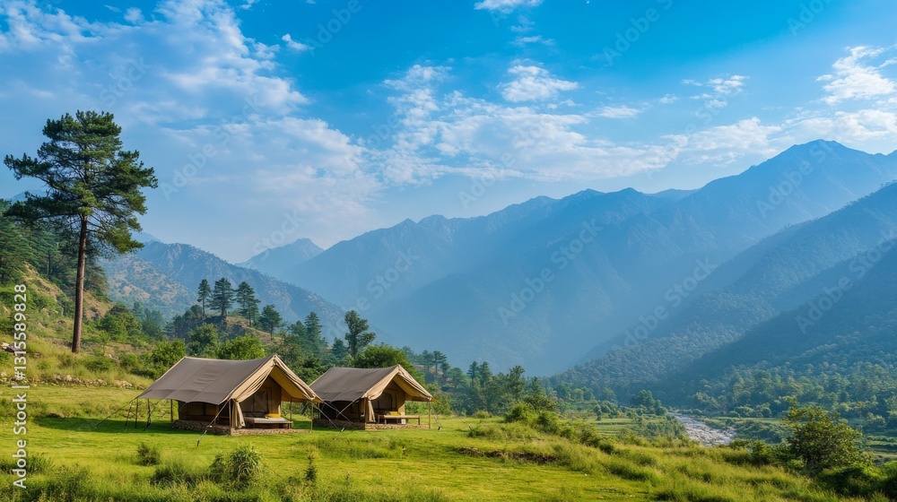 64.A luxurious camping experience with two glamping tents set against a backdrop of rolling hills and towering mountains, under a vibrant blue sky and sunny day, creating an ideal outdoor retreat 64.A luxurious camping experience with two glamping tents set against a backdrop of rolling hills and towering mountains, under a vibrant blue sky and sunny day, creating an ideal outdoor retreat