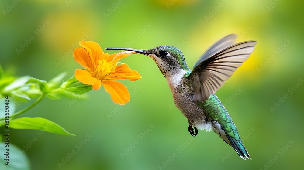 A hummingbird drinking nectar from a flower A hummingbird drinking nectar from a flower