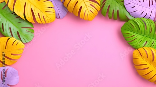 Colorful Monstera Leaves Frame on Pink Backdrop for Summer Advertisement