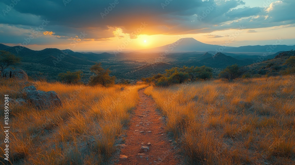 Scenic sunset path through golden savanna Scenic sunset path through golden savanna