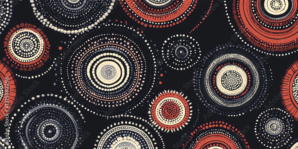 Vibrant Abstract Circles Artwork Featuring Intricate Patterns in Red, White, and Black on a Dark Background Vibrant Abstract Circles Artwork Featuring Intricate Patterns in Red, White, and Black on a Dark Background