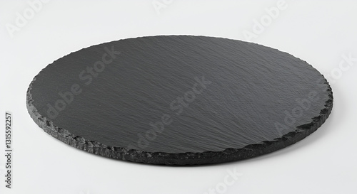 Natural black stone Round slate plate black slate stone,board, tableware, crockery, shale, eatery, closeup, dish, space. isolated white  background