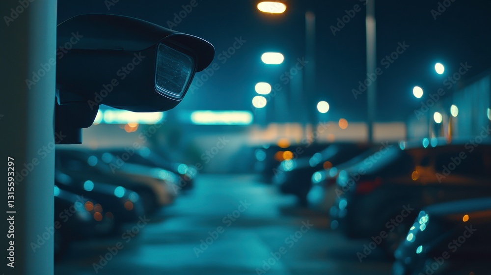 Fototapeta premium Urban Evening Parking Lot with Security Camera