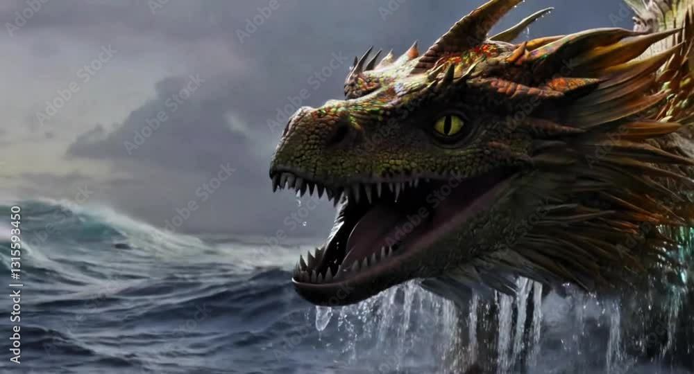 Vídeo do Stock: A dragon rising from the ocean water surface, head of a ...