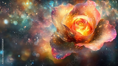 Beautiful cosmic rose in vibrant colors with sparkling stars and ethereal space background
