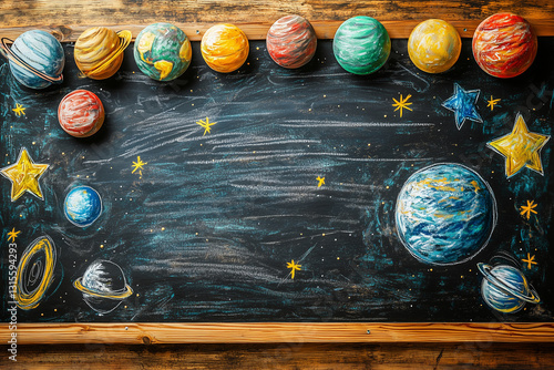 Creative and colorful depiction of planets on a chalkboard, used as an educational tool in a classroom setting.