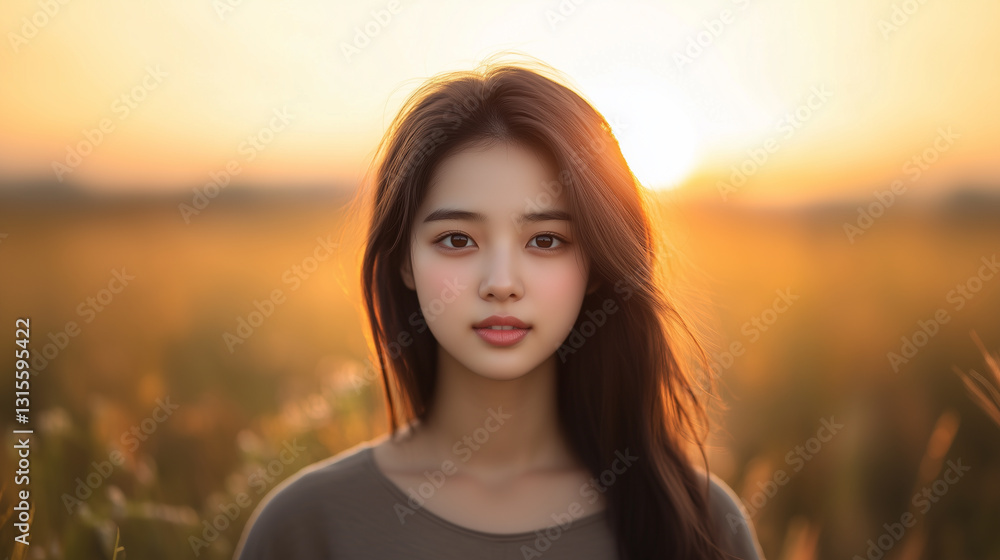 Fototapeta premium serene portrait of young Asian woman with long hair, glowing in sunset light, surrounded by golden fields.