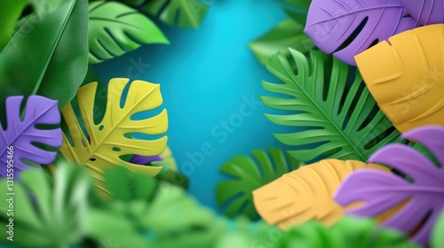 Colorful tropical leaves around blue void, in the center of the background. For graphic design
