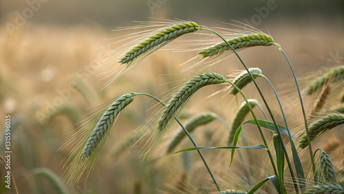 highly detailed photograph of ripening barley or wheat stalks in a natural setting. The stalks are gently curved, with plump, green grains and fine, wispy awns extending from the kernels.