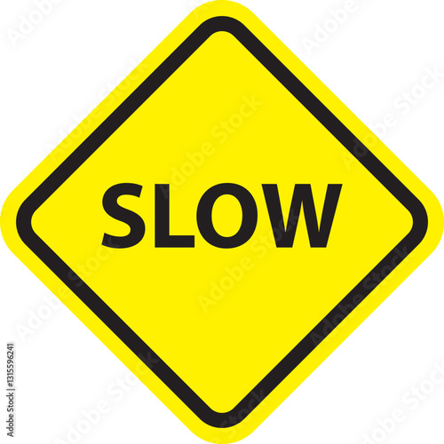 An illustration of a yellow rhombus-shaped box with a black border featuring the word slow along with a slow speed limit warning sign