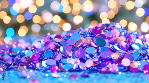 Confetti background. Celebration with purple, blue sequins, bokeh lights sparkle in background