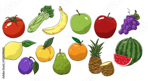 Conjunto de frutas y verduras sobre fondo blnaco