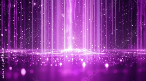 Abstract purple glowing light beams and particles background.